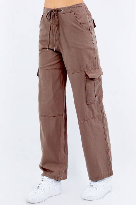 Cotton Twill Drawstring Wide Cargo Pants: L / Sage