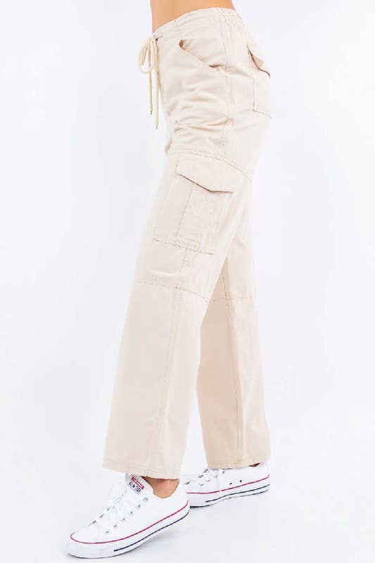 Cotton Twill Drawstring Wide Cargo Pants: L / Sage