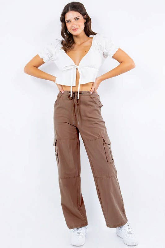 Cotton Twill Drawstring Wide Cargo Pants: L / Sage