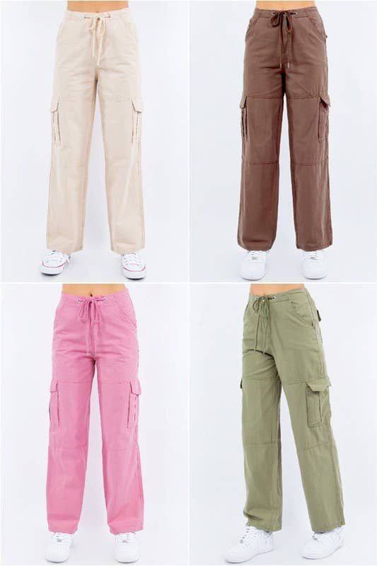 Cotton Twill Drawstring Wide Cargo Pants: L / Sage