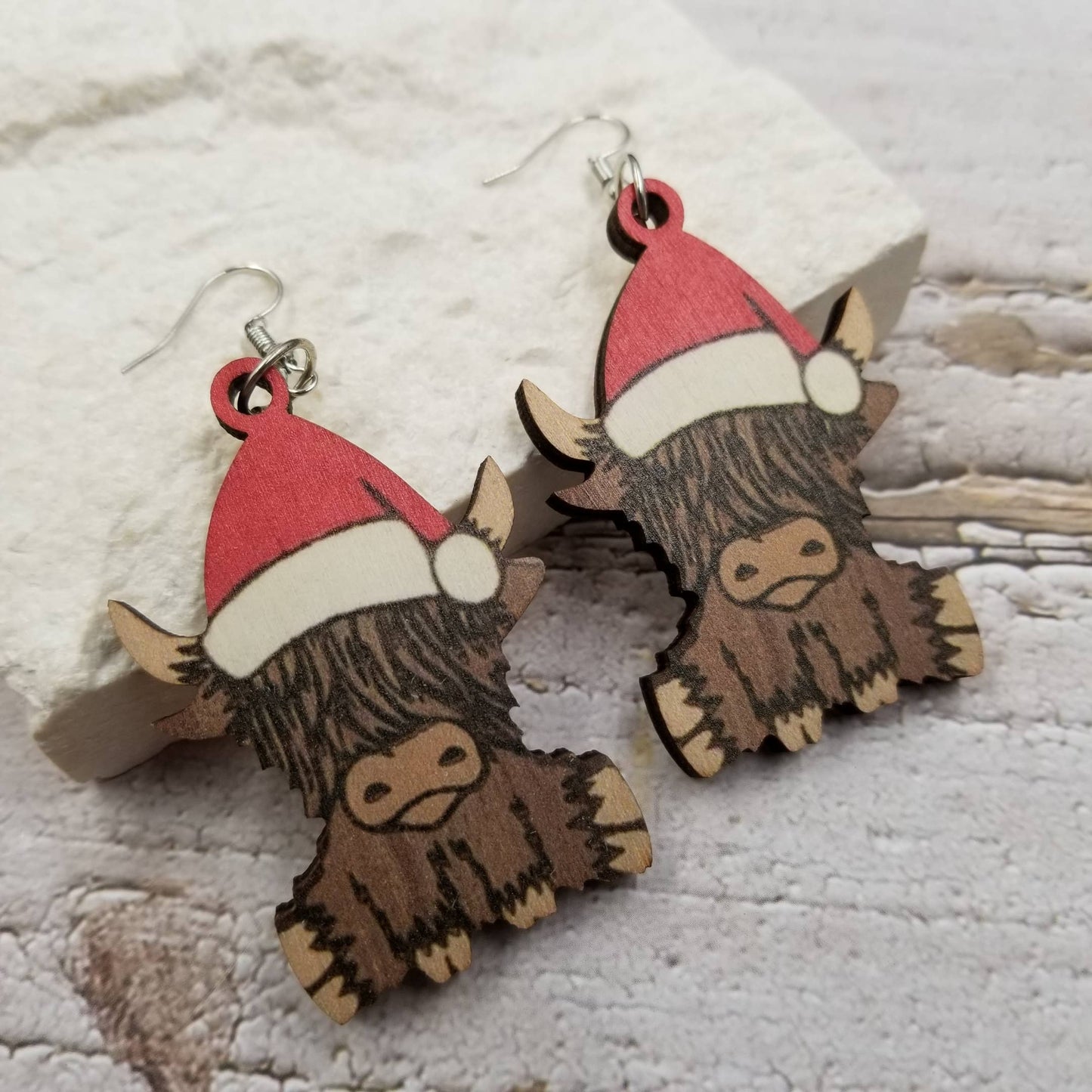 Wood Christmas Highland Cow Earrings