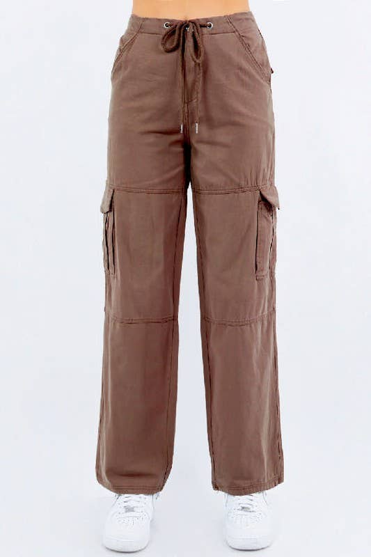 Cotton Twill Drawstring Wide Cargo Pants: L / Sage