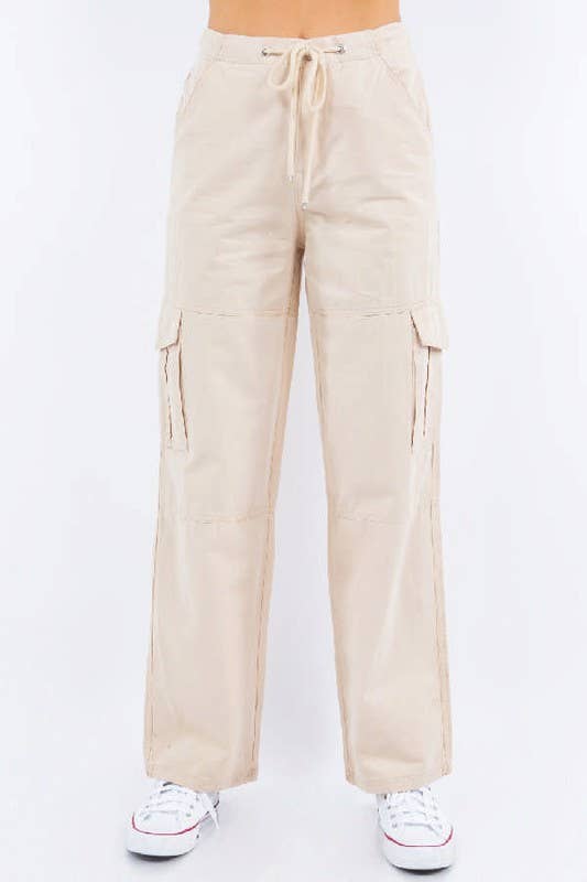 Cotton Twill Drawstring Wide Cargo Pants: L / Sage