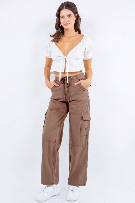 Cotton Twill Drawstring Wide Cargo Pants: L / Sage