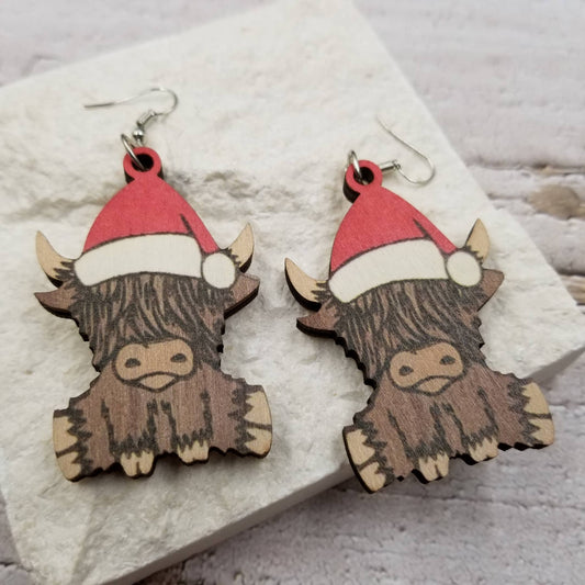 Wood Christmas Highland Cow Earrings