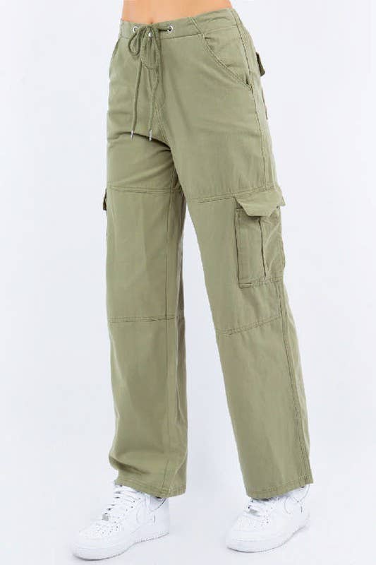 Cotton Twill Drawstring Wide Cargo Pants: L / Sage